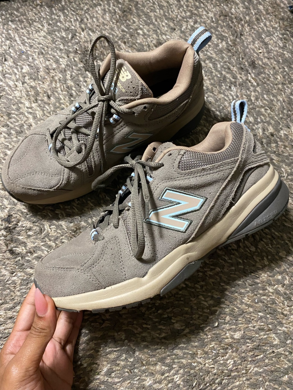 New Balance Taupe Suede Sneakers with Light Blue Trim